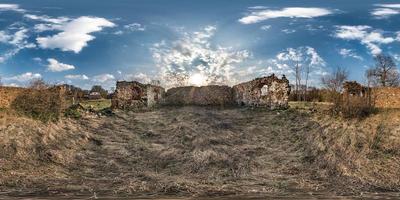 full seamless spherical hdri panorama 360 degrees angle view inside stone abandoned ruined farm building in equirectangular projection, ready AR VR virtual reality content photo