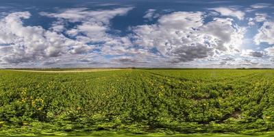 vista de ángulo de 360 grados de panorama hdri esférico completo sin costuras entre campos en la noche de primavera con nubes impresionantes en proyección equirectangular, listo para contenido de realidad virtual vr ar foto