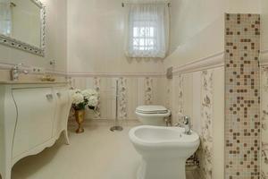 toilet and detail of a corner shower cabin with wall mount shower attachment photo