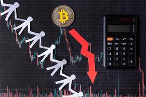 unprofitable investment of depreciation of virtual money bitcoin. red arrow, silver bitcoin and paper crowd go down on paper forex chart index background. Concept of depreciation of cryptocurrency. photo