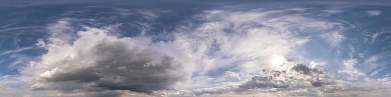 blue sky with beautiful fluffy clouds without ground. Seamless hdri panorama 360 degrees angle view for use in 3d graphics or game development as sky dome or edit drone shot photo