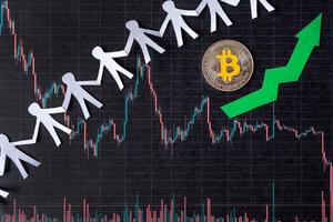 appreciation of virtual money bitcoin. Green arrow and silver Bitcoin on paper forex chart index rating go up exchange market background with paper people. Concept of appreciation of cryptocurrency. photo