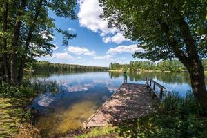 man on pier by the lake takes pictures of beautiful landscape photo