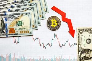 unprofitable investment of virtual money bitcoin. Green arrow and silver Bitcoin on paper forex chart index rating go down on exchange market background. Concept of depreciation of cryptocurrency. photo