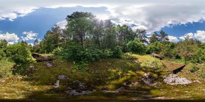 Full seamless 360 degrees angle  view panorama on the ruined abandoned military fortress of the First World War in the forest in equirectangular spherical projection. Ready for VR AR content photo