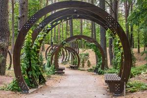 Wooden arches with benches in the city park of rest photo