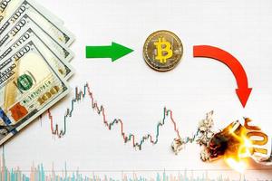 unprofitable investment of depreciation of virtual money bitcoin. Green red arrow, silver bitcoin and dollars go down on forex paper. Money turned to ash.  Concept of depreciation of cryptocurrency. photo