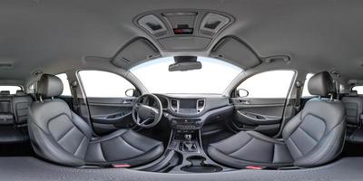 360 angle panorama view in interior of prestige modern car Hyundai. Full 360 by 180 degrees seamless equirectangular equidistant spherical panorama. vr ar content photo