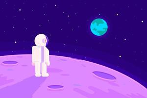 un astronauta mirando la tierra en la luna con una ilustración de diseño plano de paisaje espacial vector
