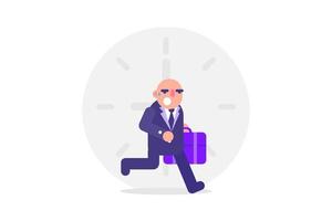 hombre de negocios calvo corriendo con ilustración de diseño plano de fondo de tiempo vector