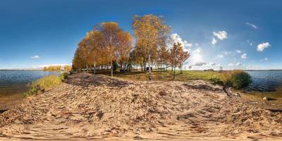 full seamless spherical panorama 360 degrees angle view golden autumn near the shore of wide lake in sunny day. 360 panorama in equirectangular projection, ready VR AR virtual reality content photo