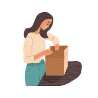 mujer sonriente abriendo un paquete de caja de cartón con la compra en la tienda en línea. el cliente feliz está satisfecho con el pedido y la entrega rápida de la tienda de Internet. ilustración vectorial plana vector