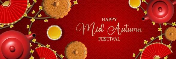 chinese mid autumn festival banner with red teapots, moon cakes and folding fans vector