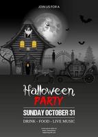 halloween party poster with haunted house and black carriage vector