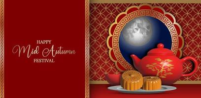 chinese mid autumn festival with red teapot and mooncakes vector