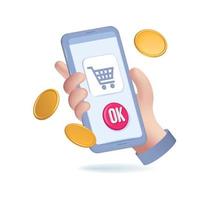 Online shopping concept for banner template. Cartoon 3d hand holding smartphone with shopping app, money, online cart button. Vector render illustration with concept of mobile marketing, e-commerce