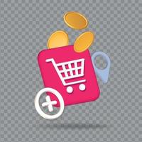 Online shopping elemenst for 3d realistic banner with shopping cart button, coins, geotag and add icon. Vector render illustration