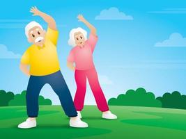 elderly people are exercising on green grass background illustration vector with copy space