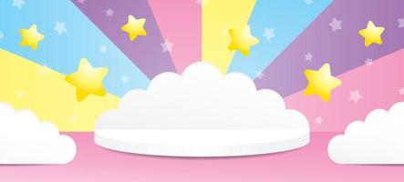 lindo escenario de forma de nube blanca con elemento de estrellas en una pared pastel de colores dulces y piso rosa ilustración 3d escena vectorial para poner su objeto vector