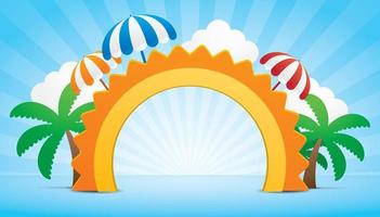 summer sun shape archway display 3d illustration vector with coconut tree and umbrella element on bright blue background.