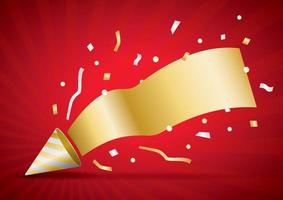 party popper with confetti and gold ribbon sign for adding your text vector