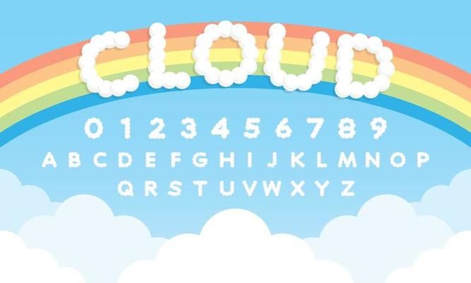 cute cloud alphabet illustration vector with sweet rainbow background
