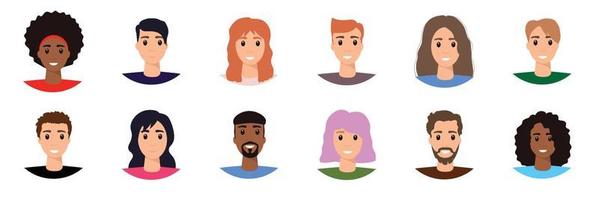avatar de personas. conjunto de retratos cuadrados de personas multiétnicas. personaje multiétnico, persona de cara diversa, avatar femenino y masculino, ilustración