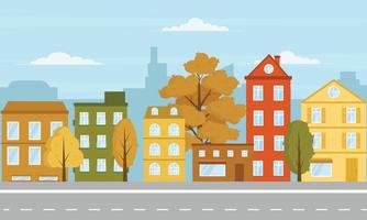 Autumn cartoon vector illustration of autumn sunny city street. Three-four-story uneven houses, foliage flies. Street cityscape. Evening city landscape with autumn trees in the foreground, puddles