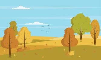 panorámica del paisaje rural en otoño con hojas caídas en la hierba, ilustración vectorial de la bandera horizontal de las montañas del paisaje otoñal y arces con follaje amarillo en la temporada de otoño. vector