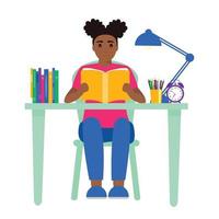 An African American schoolgirl is sitting at her desk reading a book and doing homework for the school. Education concept. Flat vector illustration.