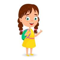 colegiala con mochila va a volver a la escuela. hora de la Escuela. lindo personaje de dibujos animados vectoriales para libros, pancartas, certificado. vector