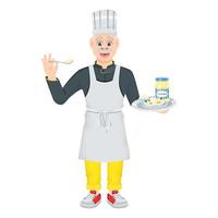 The smiling old chef holds in his hand a spoonful of mayonnaise and a silver dish with a jar of mayonnaise. Vector cartoon illustration isolated on a white background.