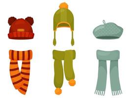 Set of children winter and autumn hats and scarfs. Vector cartoon illustration for winter or fall design isolated on a white background.