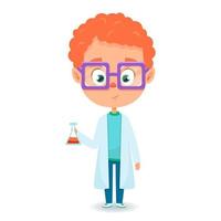 Cartoon boy scientist holding a flask. Little chemist. Vector illustration isolated on a white background for certificates design, school project, web design.