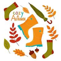 conjunto con hojas, calcetines, letras otoño acogedor y botas de goma. ilustración vectorial aislada en el fondo blanco para el diseño de dibujos animados de otoño. vector