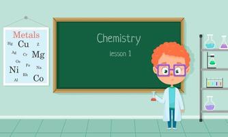 Cartoon boy scientist holding a flask in laboratory. Little chemist. Vector scene for games, apps or web design.