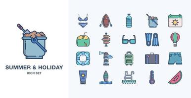 Summer and Holiday linear coloured icon set vector