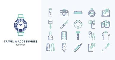 Travel and vacation Accessories outline coloured icon set vector