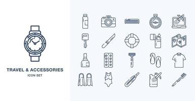 Travel and vacation Accessories outline icon set vector