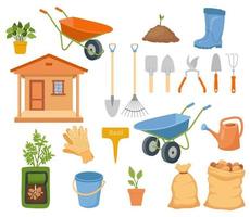 Vector garden tools set isolated on white background. Gardening elements in flat cartoon style - shovel, rake, watering can, pail, shed, soil, boots, bag of potatoes