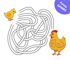 Game for kids with maze. Hand drawn cute chicken and chick vector illustration. Cartoon farm birds isolated on white.