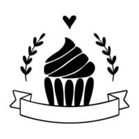 Monochrome bakery or store logo. Cupcake with banner and leaves. Vector hand drawn illustration in lineart style is isolated on white background.
