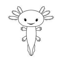 Vector illustration of cute stylized axolotl salamander isolated on white background. Baby axolotl smile. Drawing in outline style for coloring book