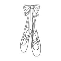 Ballerina pointe shoes hanging on bow. Outline black and white vector illustration isolated on white