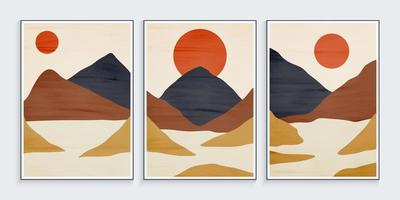 Contemporary landscape poster with mountain and sun in watercolor vector