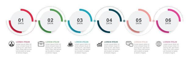 Línea de tiempo de círculo de 6 infografías con plantilla de datos numéricos. fondo abstracto de ilustración vectorial. vector