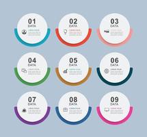 Infographics circle timeline with 9 number data template. Vector illustration abstract background.