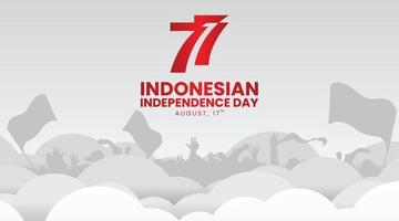 pancarta del 'día de la independencia de indonesia' con nubes y gente abarrotada sosteniendo banderas silueta vector