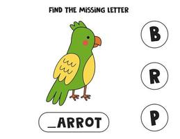 Find missing letter with cute parrot. English language. vector