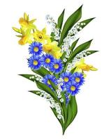 Spring flowers daffodils and lilies of the valley isolated on white background photo